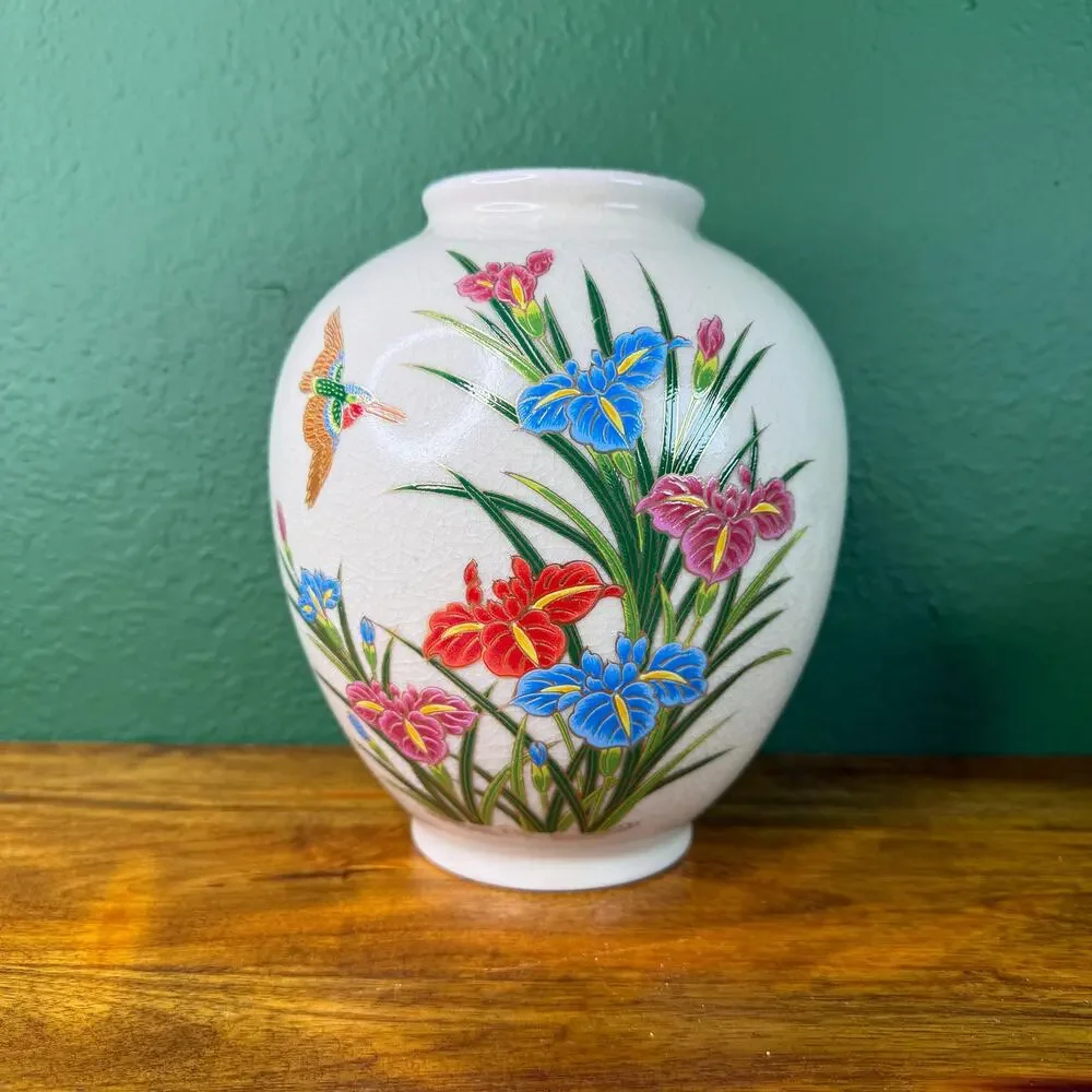 Vintage Japanese Vase Crackle Glazed Hawaiin Anthurium Design